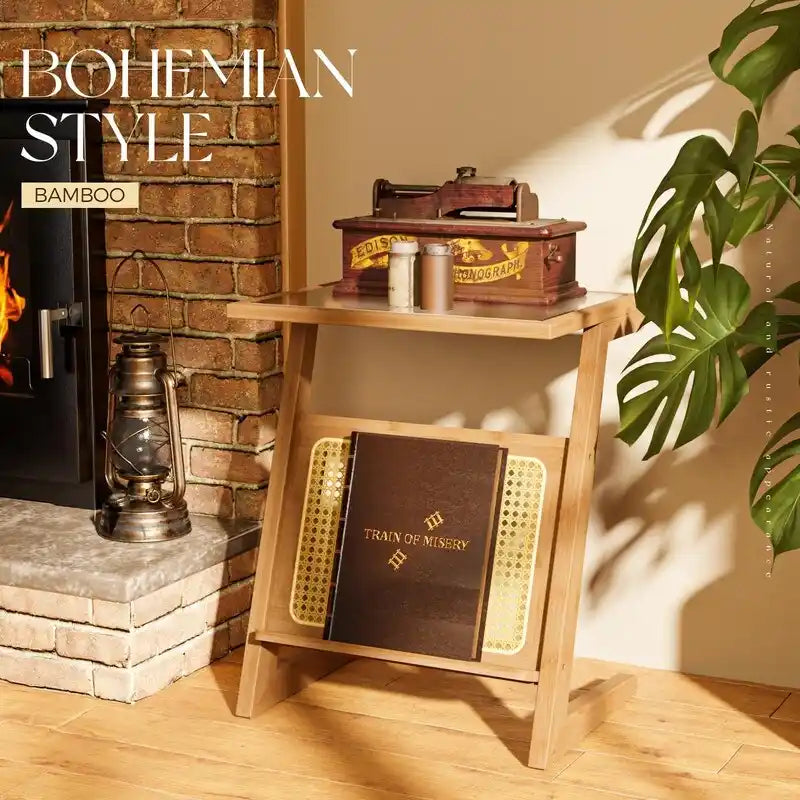 Table d'appoint en Z avec motif rotin et plateau en verre