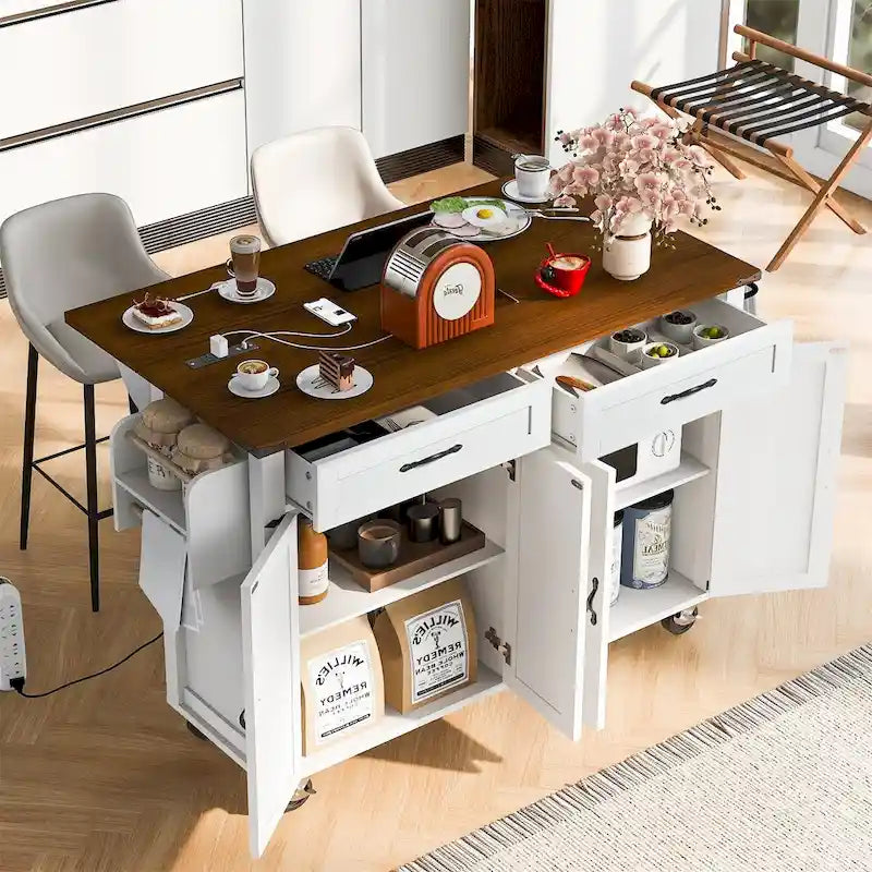 Îlot de cuisine de 136 cm avec prise électrique, tiroirs de rangement et portes, roulettes
