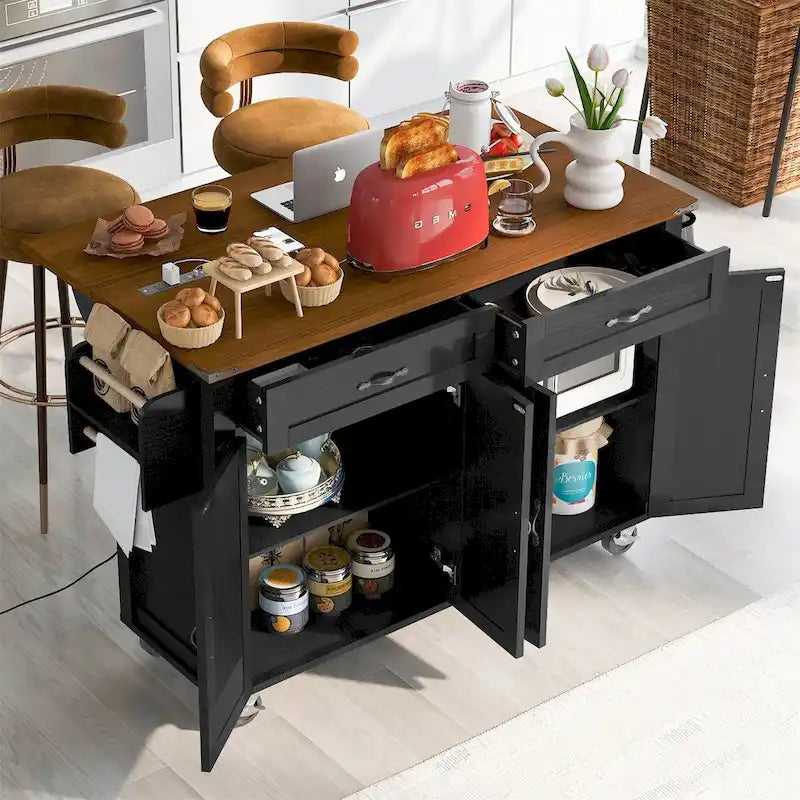 Îlot de cuisine de 136 cm avec prise électrique, tiroirs de rangement et portes, roulettes