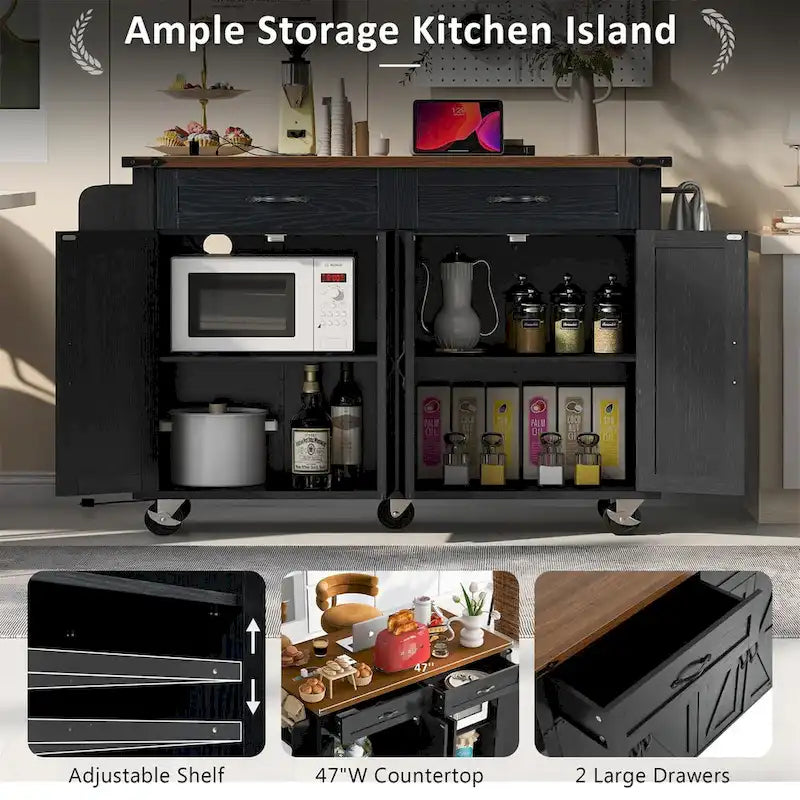 Îlot de cuisine de 136 cm avec prise électrique, tiroirs de rangement et portes, roulettes