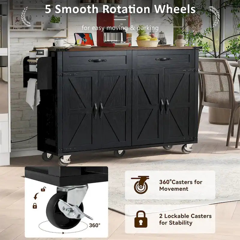 Îlot de cuisine de 136 cm avec prise électrique, tiroirs de rangement et portes, roulettes