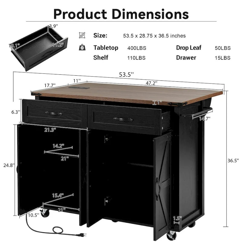Îlot de cuisine de 136 cm avec prise électrique, tiroirs de rangement et portes, roulettes