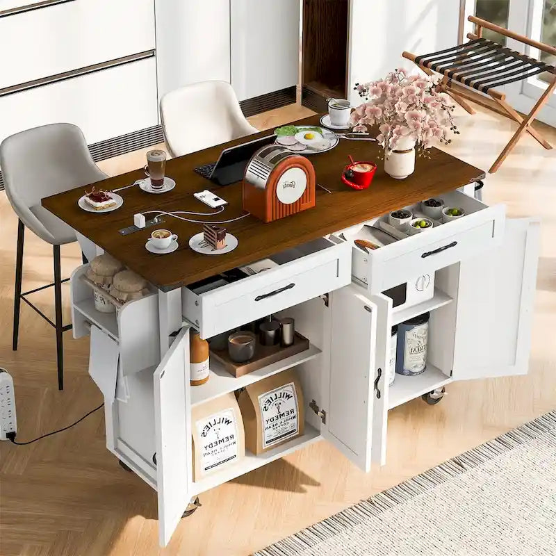 Îlot de cuisine de 136 cm avec prise électrique, tiroirs de rangement et portes, roulettes