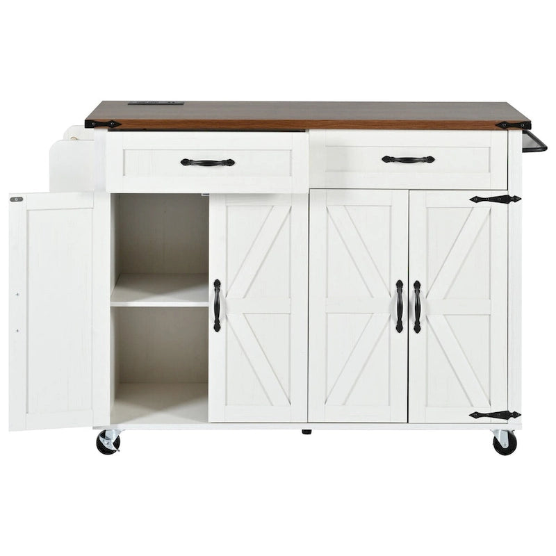 Îlot de cuisine de 136 cm avec prise électrique, tiroirs de rangement et portes, roulettes