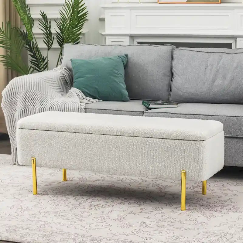 Banc ottoman de rangement capitonné de 47 pouces avec pieds en métal