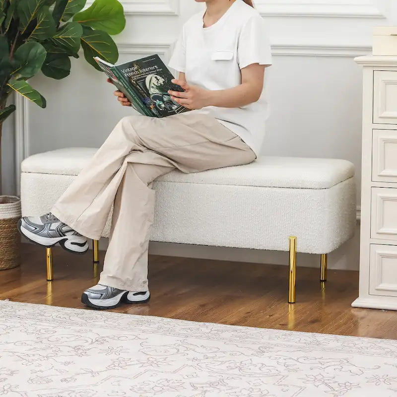 Banc ottoman de rangement capitonné de 47 pouces avec pieds en métal