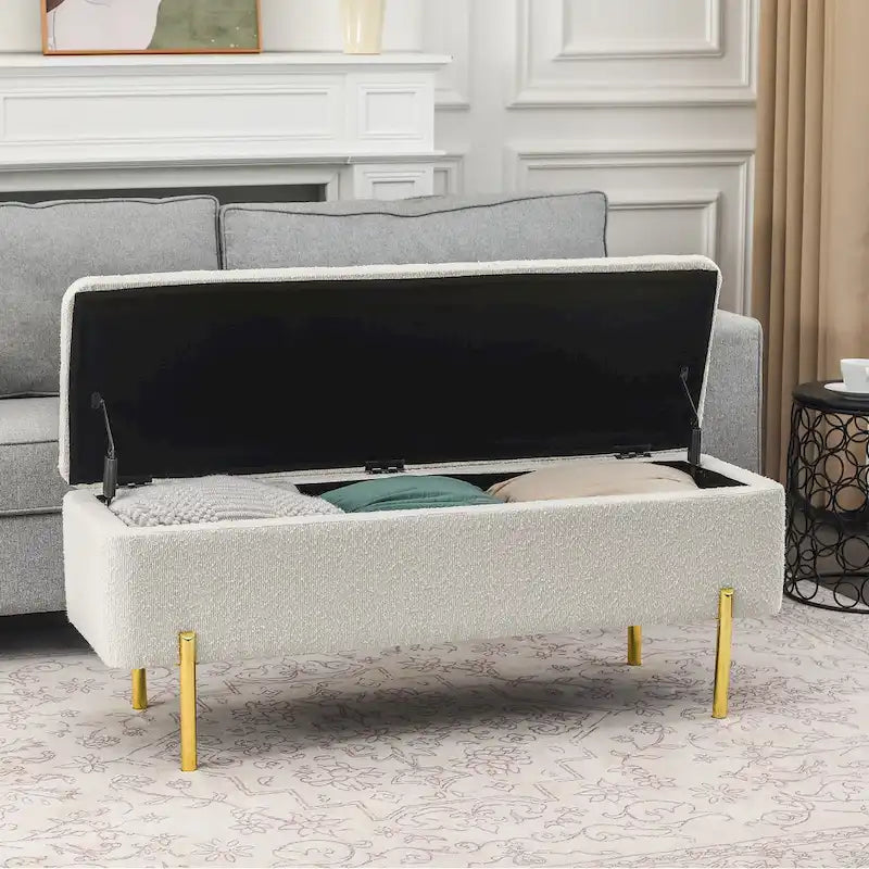 Banc ottoman de rangement capitonné de 47 pouces avec pieds en métal