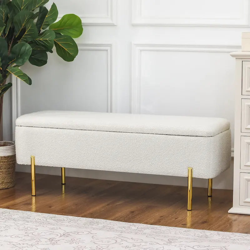 Banc ottoman de rangement capitonné de 47 pouces avec pieds en métal