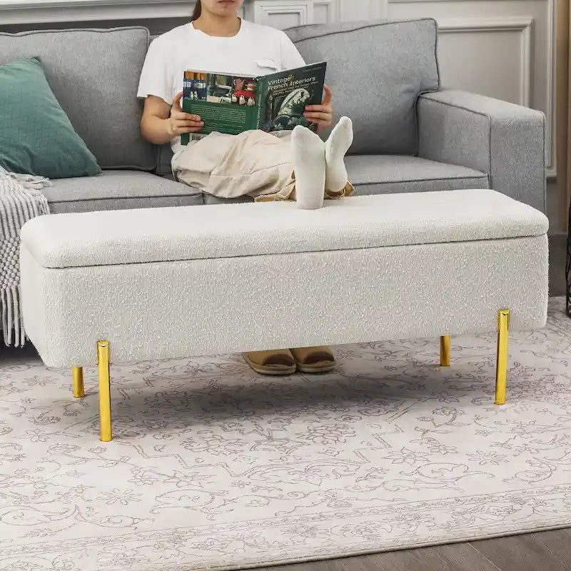 Banc ottoman de rangement capitonné de 47 pouces avec pieds en métal