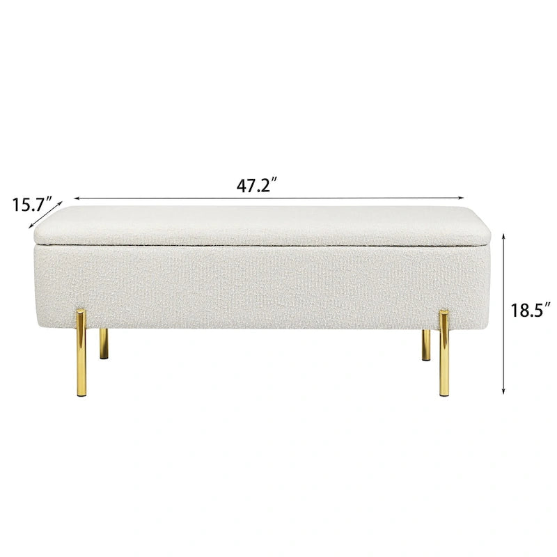 Banc ottoman de rangement capitonné de 47 pouces avec pieds en métal