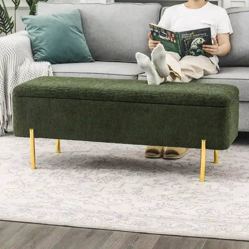 Banc ottoman de rangement capitonné de 47 pouces avec pieds en métal