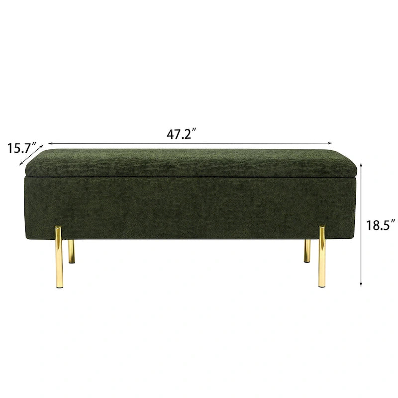 Banc ottoman de rangement capitonné de 47 pouces avec pieds en métal
